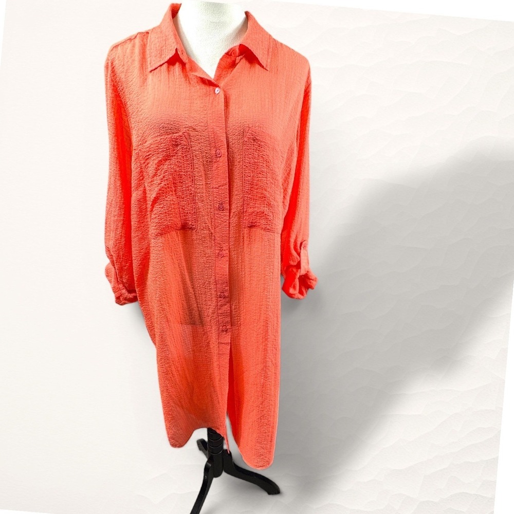 NWT Jones New York Button Up Women 1X Orange Coastal Sheer Longline Cover Up Top